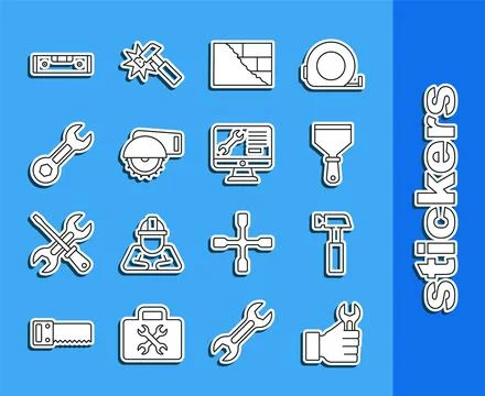 Set line Wrench spanner, Hammer, Putty knife, Bricks, Electric circular saw Stock Illustration