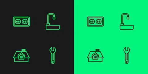 Set line Wrench spanner, House, Electrical outlet and Washbasin icon. Vector Illustrazione stock
