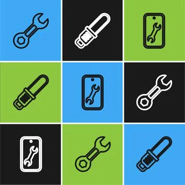 Set line Wrench spanner, Mobile service and Chainsaw icon. Vector Illustrazione stock