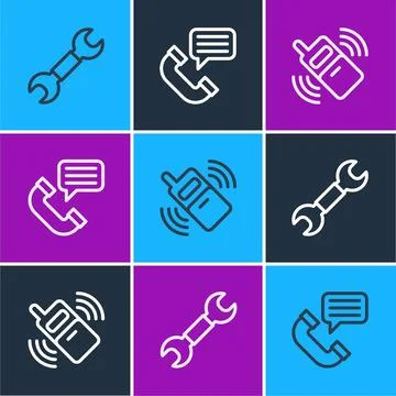 Set line Wrench spanner, Mobile phone and Telephone conversation icon. Vector Stock Illustration