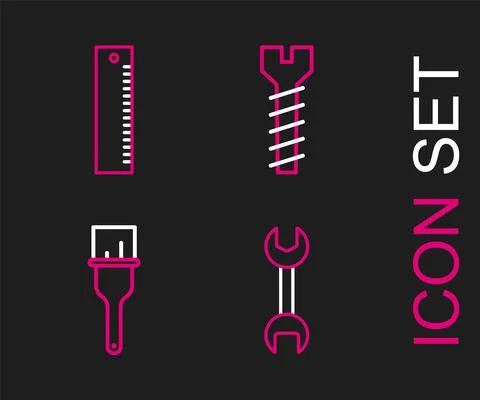 Set line Wrench spanner, Paint brush, Metallic screw and Ruler icon. Vector Stock Illustration
