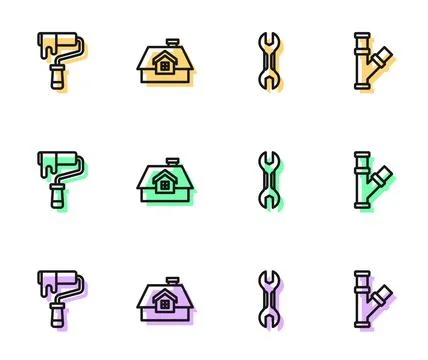 Set line Wrench spanner, Paint roller brush, House and Industry metallic pipe Stock Illustration