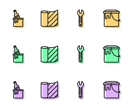 Set line Wrench spanner, Paint bucket with brush, Wallpaper and icon. Vector Stock Illustration