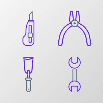 Set line Wrench spanner, Putty knife, Pliers tool and Stationery icon. Vector Stock Illustration