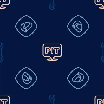 Set line Wrench spanner, Racing helmet and Pit stop on seamless pattern. Vect Stock Illustration