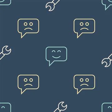 Set line Wrench spanner, Sad smile and Smile face on seamless pattern. Vector 库存插图