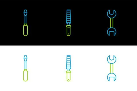 Set line Wrench spanner, Screwdriver and Chisel tool for wood icon. Vector Stock Illustration