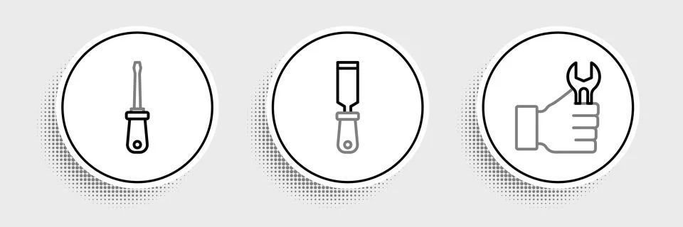 Set line Wrench spanner, Screwdriver and Rasp metal file icon. Vector Stock Illustration