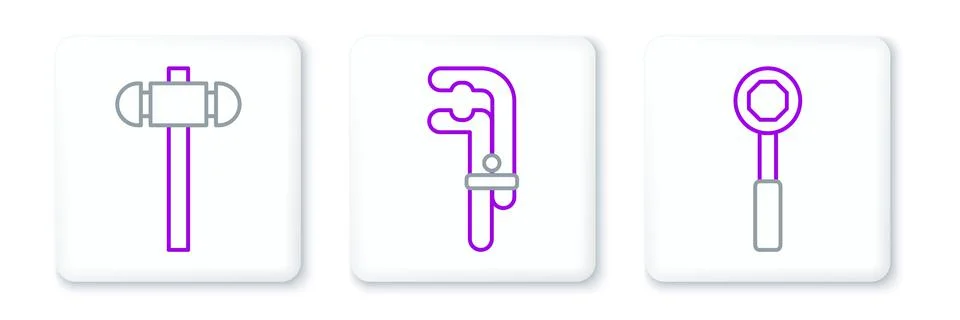 Set line Wrench spanner, Sledgehammer and Clamp tool icon. Vector イラスト素材