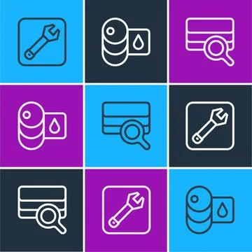 Set line Wrench spanner, Soil analysis and Barrel icon. Vector イラスト素材