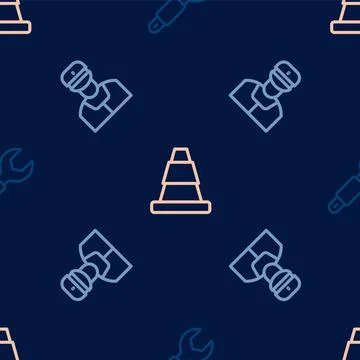 Set line Wrench spanner, Train conductor and Traffic cone on seamless pattern Stock Illustration