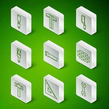 Set line Wrench spanner, Triangular ruler, Rasp metal file, Hand saw, Paint Illustrazione stock