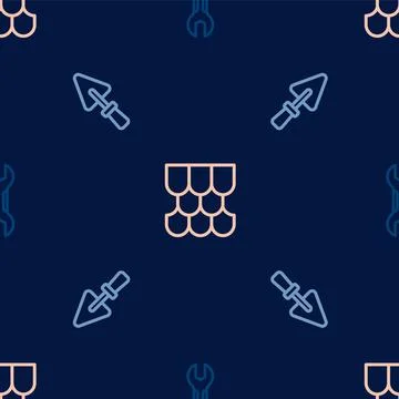 Set line Wrench spanner, Trowel and Roof tile on seamless pattern. Vector Illustration