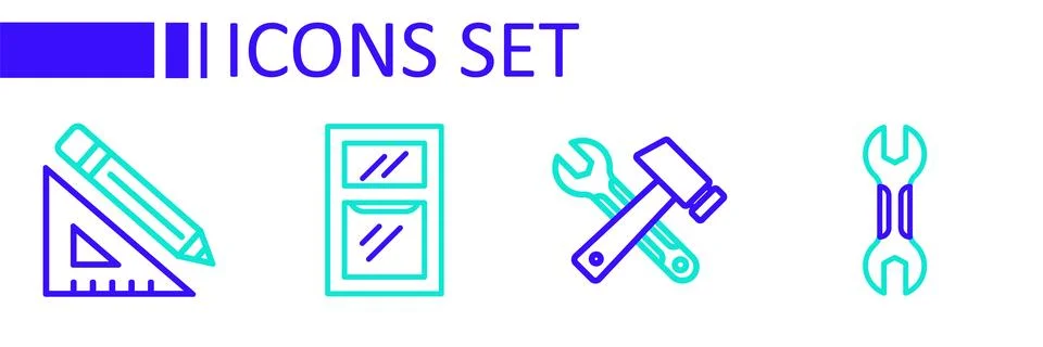 Set line Wrench spanner, Window in room, Hammer and wrench and Triangular r.. Illustrazione stock