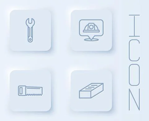 Set line Wrench spanner, Worker safety helmet, Hand saw and Brick. White square Stock Illustration