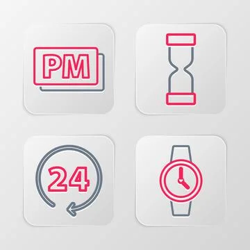 Set line Wrist watch, Clock 24 hours, Old hourglass and PM icon. Vector Stock Illustration