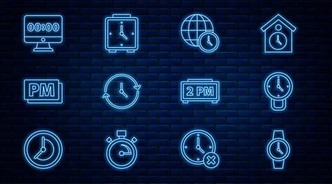 Set line Wrist watch, Clock, World time, PM, on monitor, Digital alarm cloc.. イラスト素材