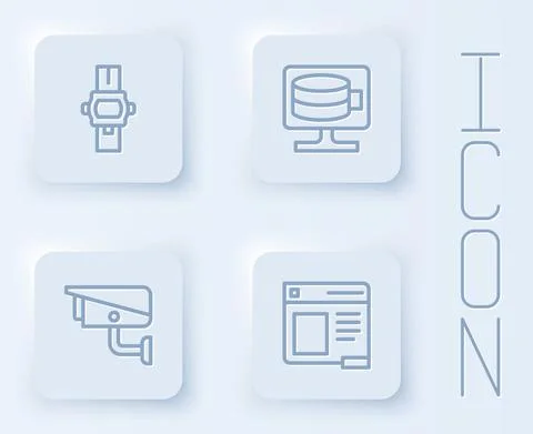 Set line Wrist watch, Cloud database, Security camera and Browser window. White Stock Illustration