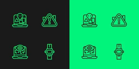 Set line Wrist watch, Computer vision, Internet piracy and Exclamation mark in 스톡 일러스트