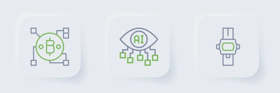 Set line Wrist watch, Computer vision and Blockchain technology Bitcoin ico.. 스톡 일러스트