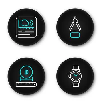 Set line Wrist watch, Diameter, Drawing compass and Area measurement icon. .. Stock Illustration