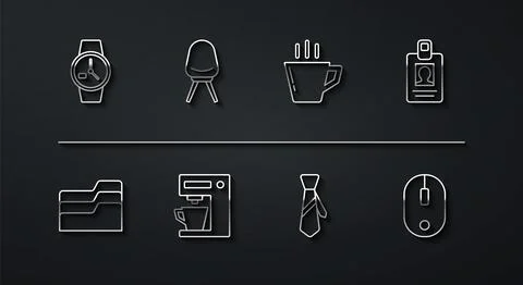Set line Wrist watch, Document folder, Identification badge, Tie, Coffee machine 库存插图