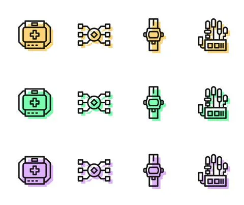 Set line Wrist watch, First aid kit, Neural network and Mechanical robot hand Stock Illustration