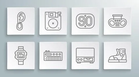 Set line Wrist watch, Floppy disk, Music synthesizer, Old video cassette pl.. Stock Illustration
