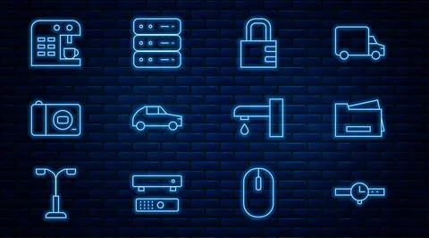 Set line Wrist watch, Printer, Safe combination lock, Car, Photo camera, Co.. Ilustración de archivo