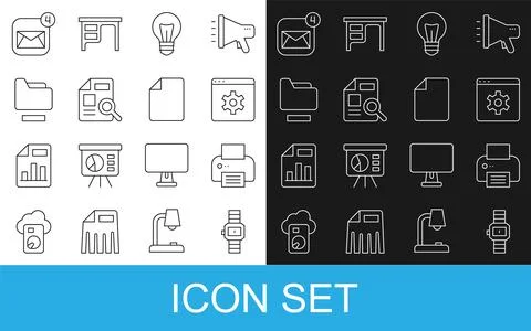 Set line Wrist watch, Printer, Browser setting, Light bulb, Document with g.. Stock Illustration
