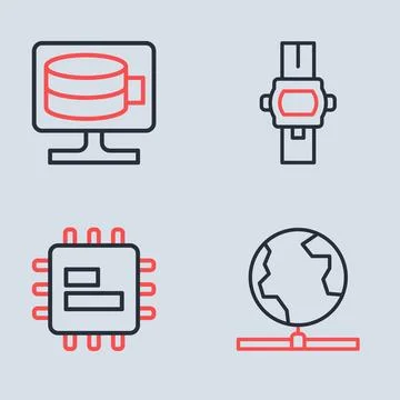 Set line Wrist watch, Processor CPU, Global technology and Cloud database i.. Stock Illustration