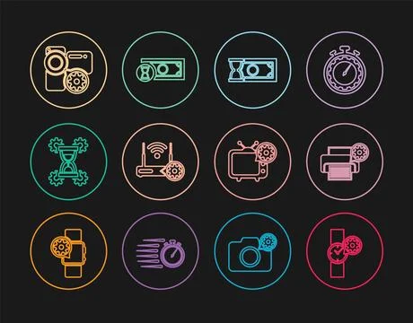 Set line Wrist watch setting, Printer, Fast payments, Router and wi-fi Stock Illustration