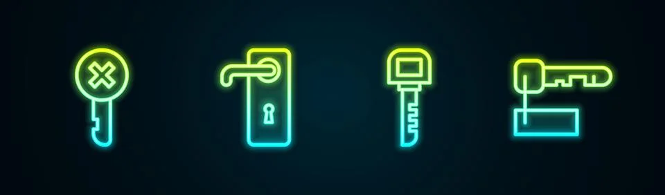 Set line Wrong key, Door handle, Key and Marked. Glowing neon icon. Vector Stock Illustration