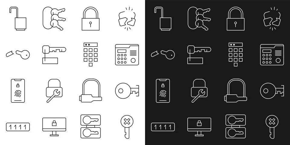 Set line Wrong key, Key, House intercom system, Lock, Marked, Broken, Open .. Stock Illustration