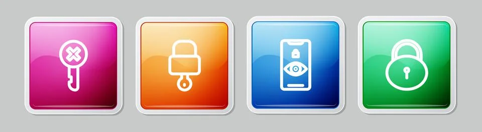 Set line Wrong key, Lock and, Eye scan and . Colorful square button. Vector Stockillustratie