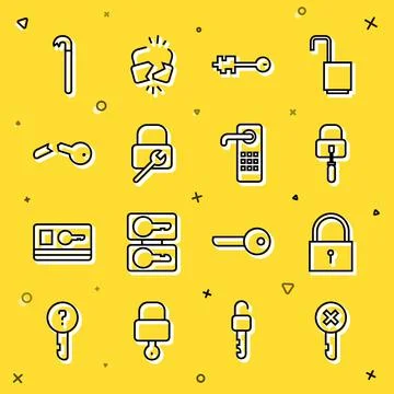 Set line Wrong key, Lock, picks for lock picking, Old, repair, Broken, Crowbar Stock Illustration