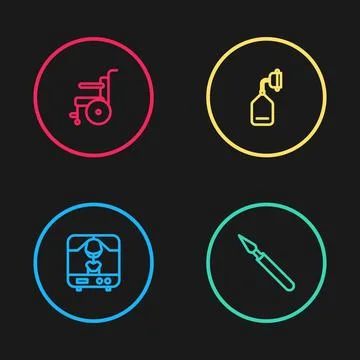 Set line X-ray machine, Medical surgery scalpel, oxygen mask and Wheelchair f Stock Illustration