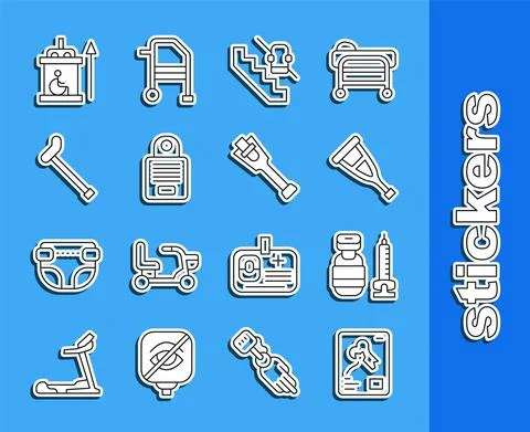 Set line X-ray shots, Syringe, Crutch or crutches, Disabled elevator, Intercom Ilustración de archivo