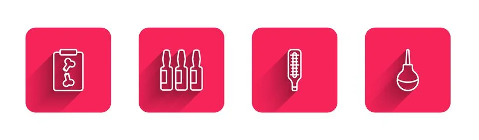 Set line X-ray shots, Medical vial, ampoule, thermometer and Enema with long Stock Illustration