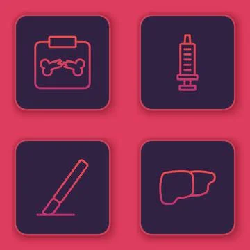 Set line X-ray shots with broken bone, Surgery scalpel, Syringe and Human organ Stock Illustration