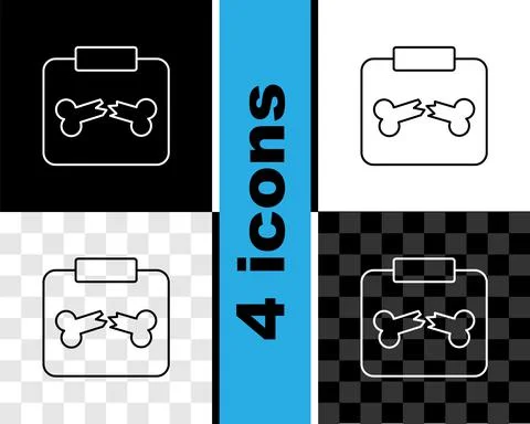 Set line X-ray shots with broken bone icon isolated on black and white Stock Illustration