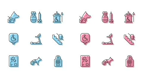Set line X-ray shots, Dog in wheelchair, Guide dog, Intercom, Treadmill machi Illustrazione stock