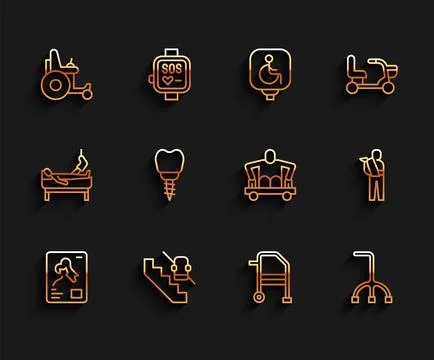 Set line X-ray shots, Disabled elevator, Electric wheelchair, Walker, Walking Illustrazione stock