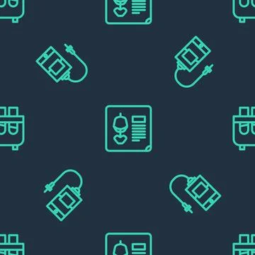 Set line X-ray shots, IV bag and Test tube and flask on seamless pattern. Vec Stock Illustration