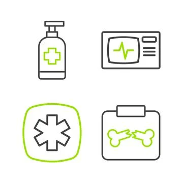 Set line X-ray shots with broken bone, Emergency Star of Life, Monitor card.. Stock Illustration