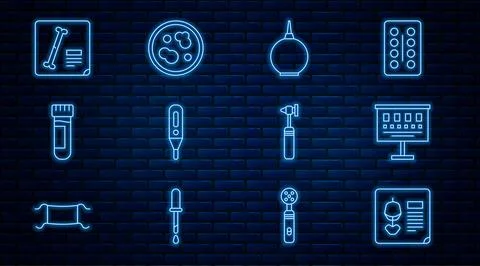 Set line X-ray shots, Eye test chart, Enema, Medical digital thermometer, T.. Stock Illustration