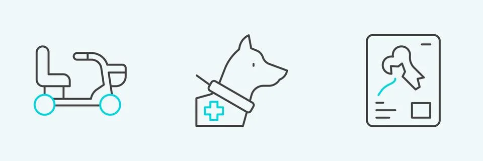 Set line X-ray shots, Electric wheelchair and Guide dog icon. Vector Stock Illustration