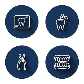 Set line X-ray of tooth, Tooth with caries and drill, Dental pliers and Dentures Stock Illustration
