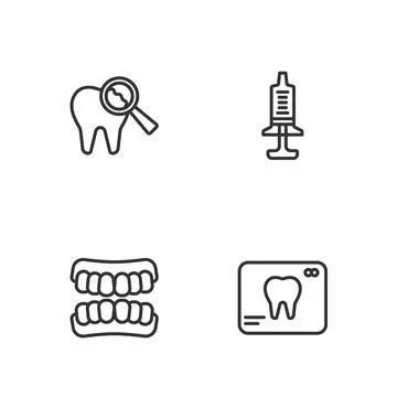 Set line X-ray of tooth, Dentures model, Broken and Syringe icon. Vector Stock Illustration