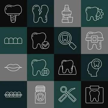Set line X-ray of tooth, Human head with, Teeth braces, Mouthwash bottle, T.. Stockillustratie